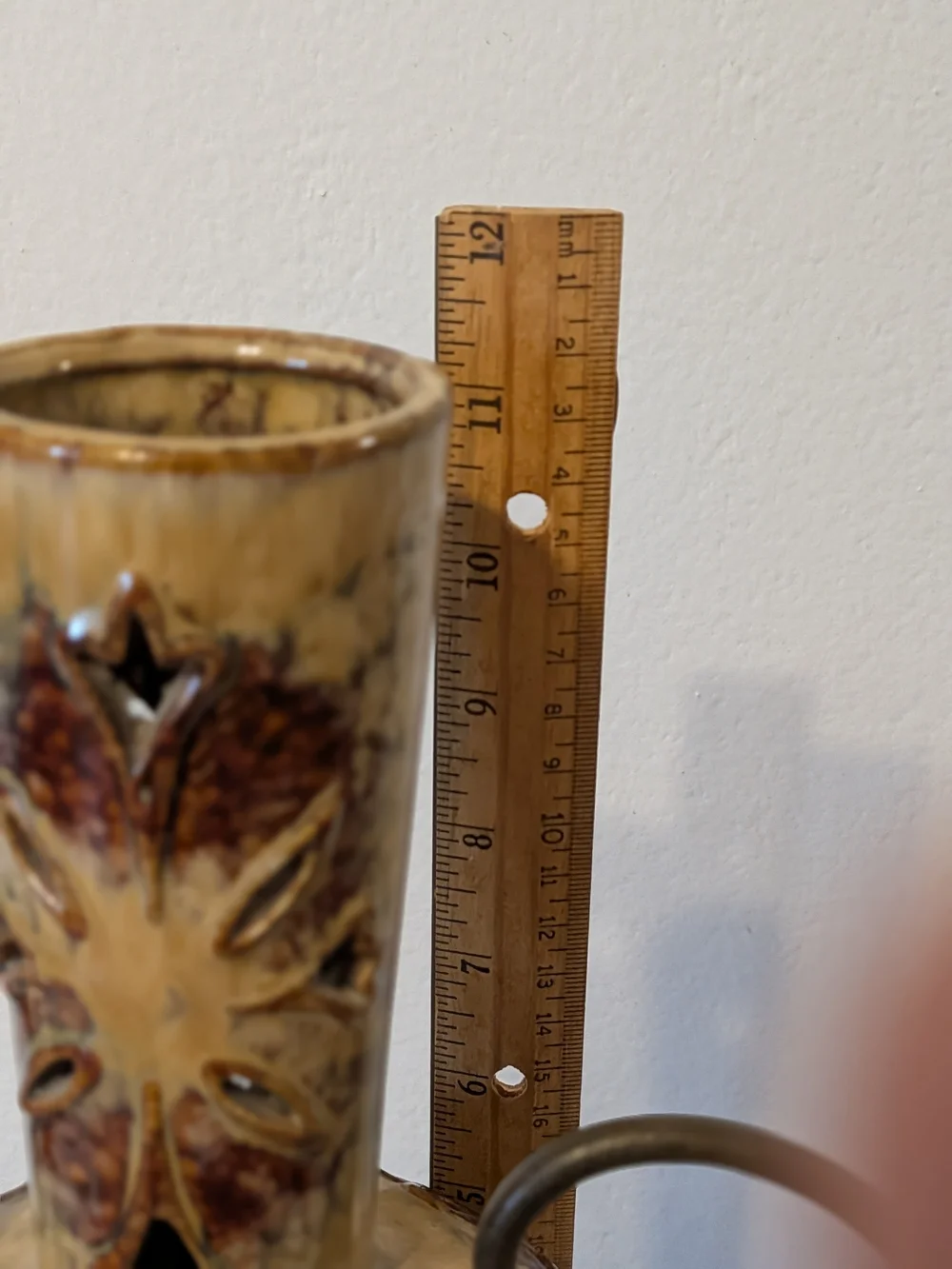 Vintage Glazed Ceramic Pierced Vase With Metal Handles